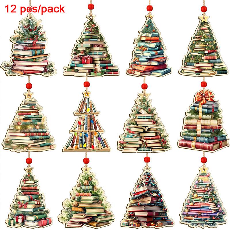 12PCS Book Pendant Colorful Multi-element Christmas Tree Decoration Suspension Rope Exquisite Wooden Gift Holiday