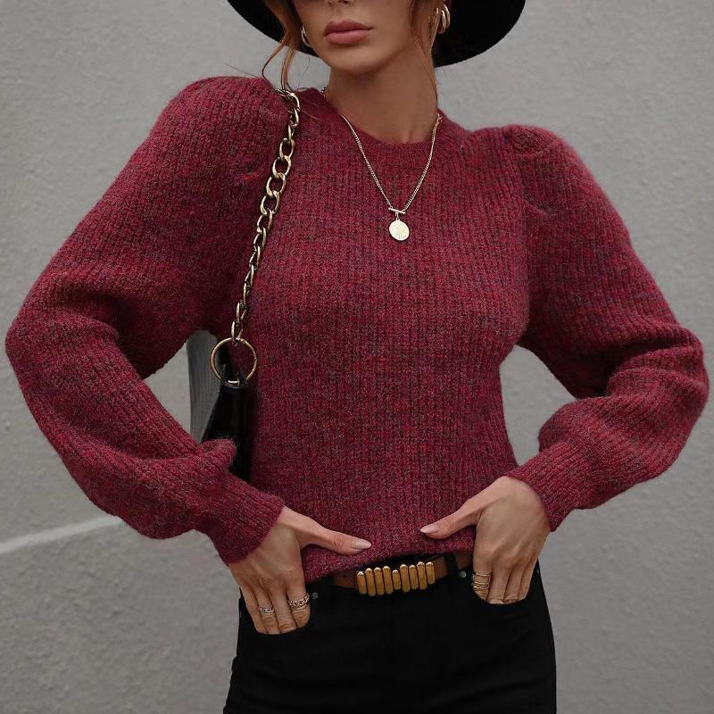 IHUASU Autumn and Winter Patchwork O-Neck Knit Women's Long Sleeve Pleated Loose Sweater