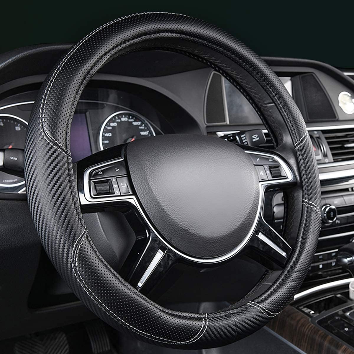 

CAR-GRAND Carbon Fiber Steering Wheel Cover, Premium Breathable Leather Sporty Wheel Protection Interior Accessories Standard Size[14 1/2-15 ] Steering Cover[14 1/2-15 чёрный