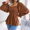 Frauen Frühling Sommer Square Neck Einfarbig Langarm Chiffon Hemd Holz Ohren Tops