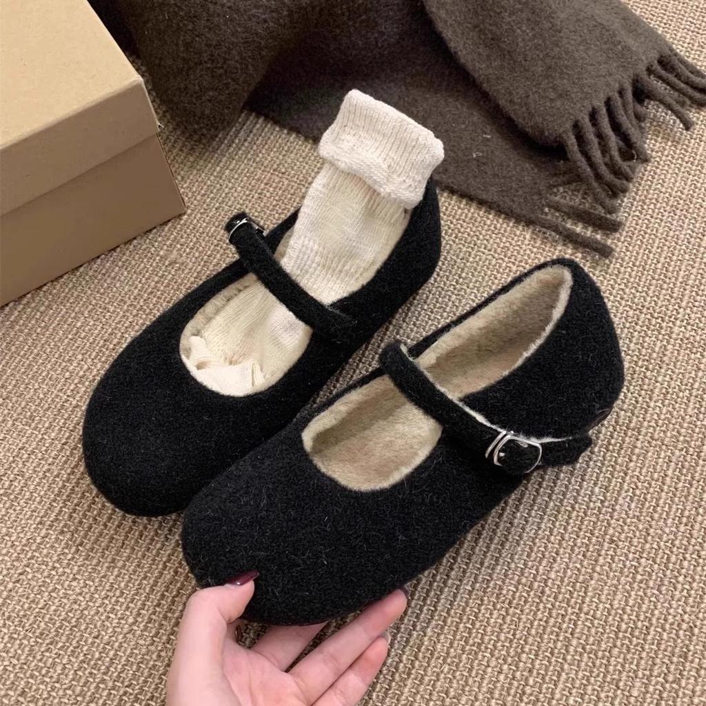 Fashion Buckle Strap Ladies Mary Janes Flats with Fur Shoes Round Toe Female Plush Footwear Women Flats Warm Shoes