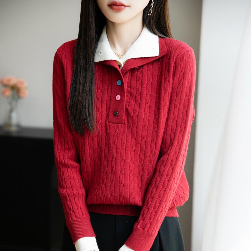 High-End Women's Retro Cable Knit Sweater: Two-Piece, Half-Open Collar, Korean Style, Autumn/Winter Slimming Knitwear