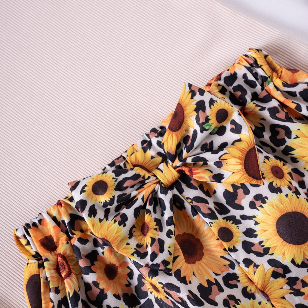 Girls Fashion Cute Solid Color Top Sunflower Printed Shorts Two-piece Set 2025 Summer Children's Casual Set