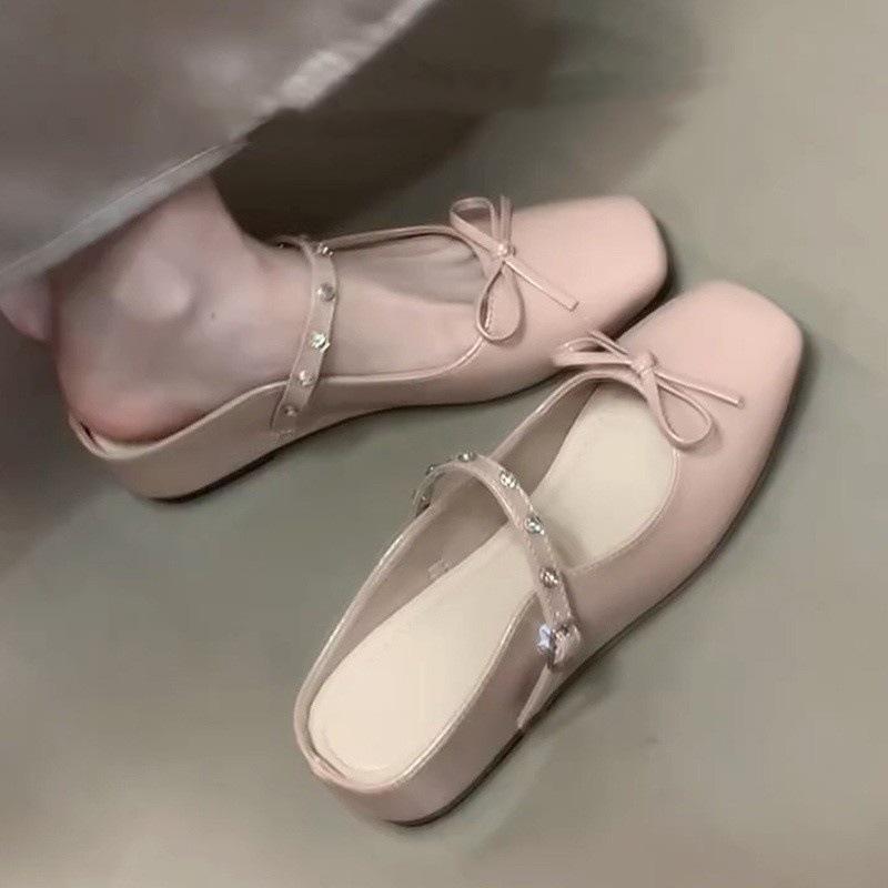 

inner height increase pink bow bag head half slippers women wear Mary Jane Muller light mouth cool slippers 35