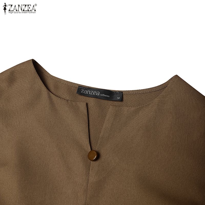 ZANZEA Women Casual V-Neck Solid Color 3/4 Sleeve Retro Dress