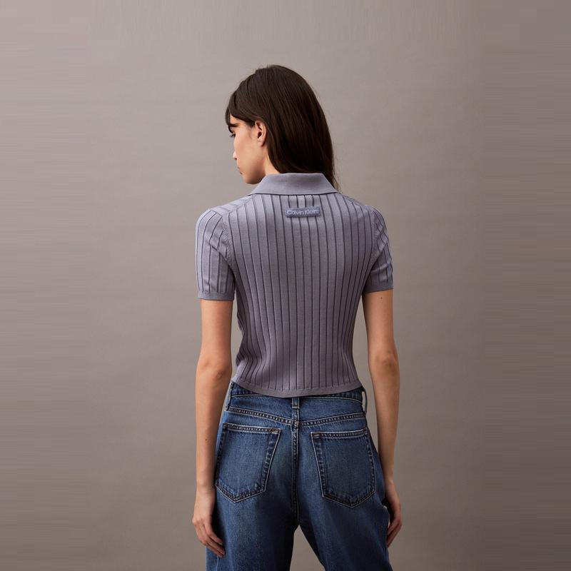 Calvin Klein Casual Striped Texture Polo Short Sleeve Knit Top Women tops Dark-Blue 47AB304-RLW