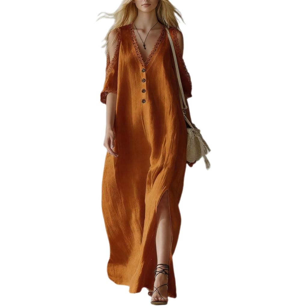 Women’s Lace Trim Loose Fit Off Shoulder Maxi Dress Casual Long Sleeve Button Down Design with Side Slit and V Neck