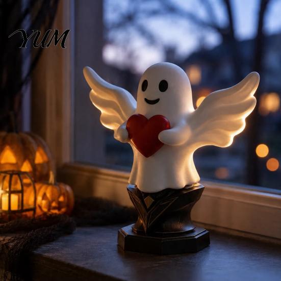Halloween Desktop Decoration Angel Ghost Statue, Smiling Holding Heart Figurine, Cute Romantic Modern Aesthetic Room Decor Sculpture for Valentine's