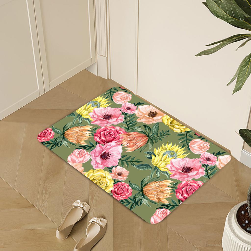 1Pcs Rose Pattern Floor Mat Floral Kitchen polyester Rug Non-Slip Colorful Indoor Carpet, For Home Bathroom Bedroom Living Room Decor