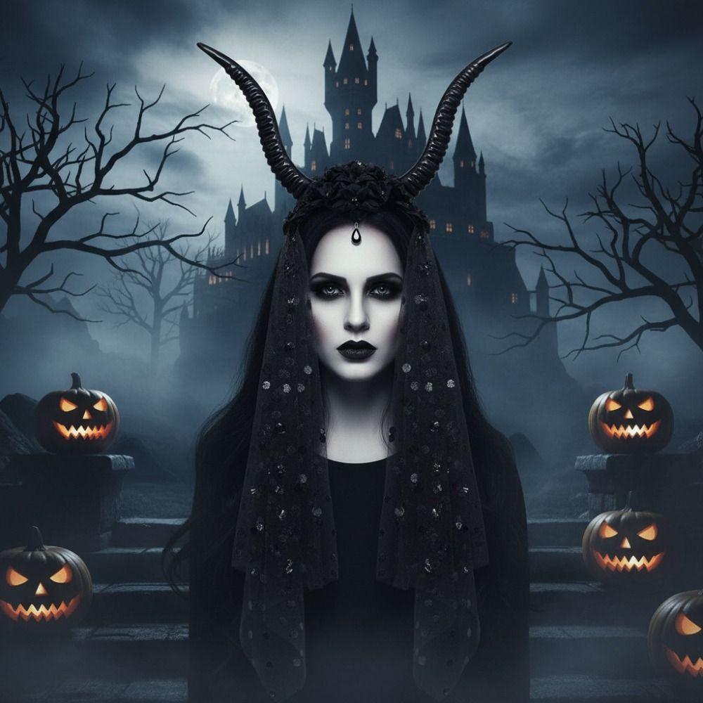 Black Halloween Devil Headwear with Veil Sheep Horn Headband Adults