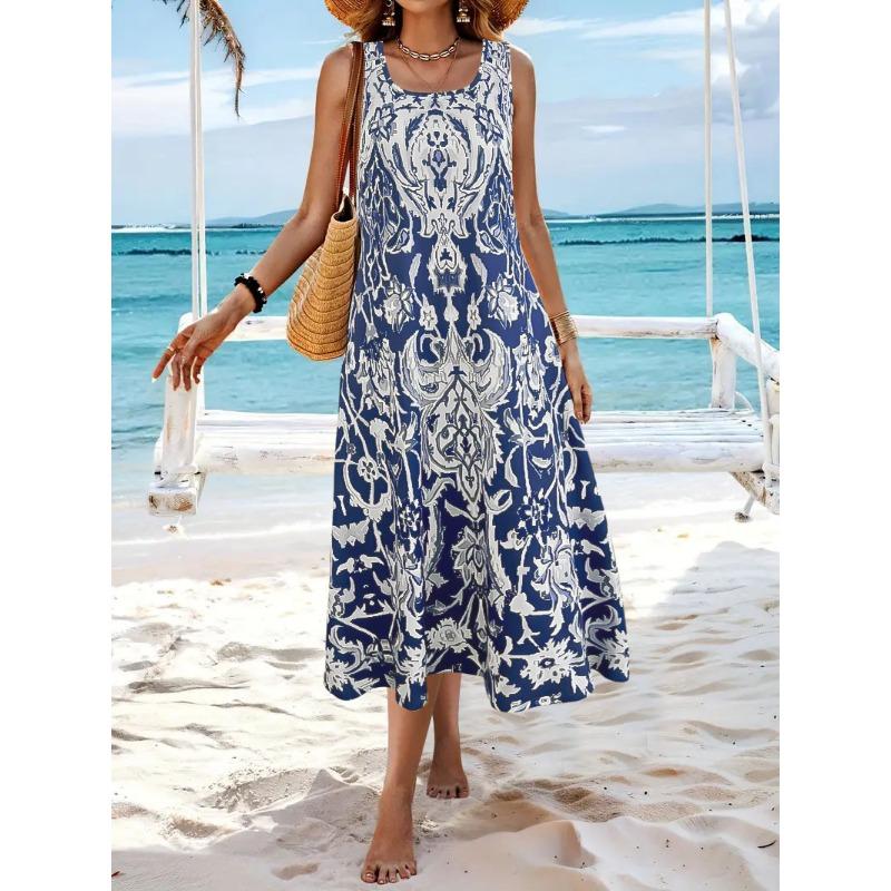 

Bohemian Printed Women s Dress Summer Fashion and Elegance Round-neck One-piece Dress Clothes Sale XXL темно-синього кольору