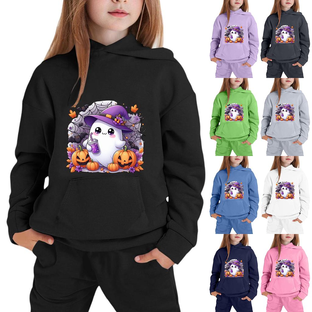 Kids Halloween Hoodie Pullover Sweatshirt with Ghost Pumpkin Print Long Sleeve Casual Top for Boys Girls
