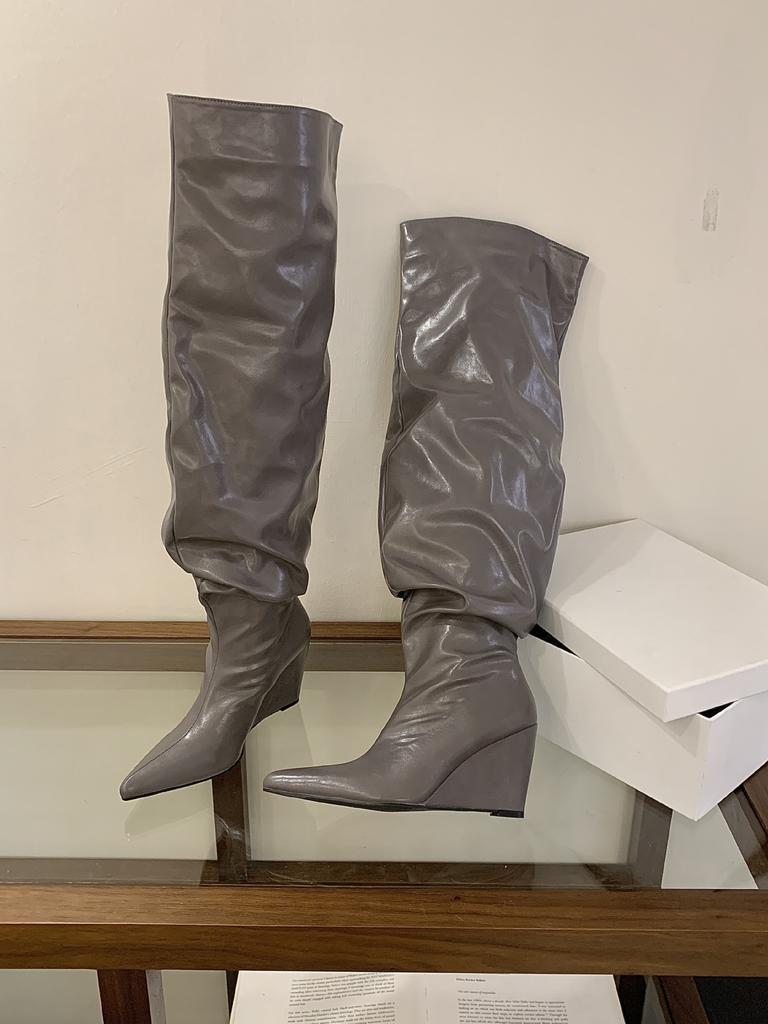New Folded Large Tube Wedge Heel Pile Boots European and American Long Boots Over Knee Pointed Tall Boots