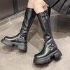 Autumn New Korean Version Thick Heel Leather Belt Buckle Knee-Length Long Boots for Women, Slimming Mid-Heel Rider Boots