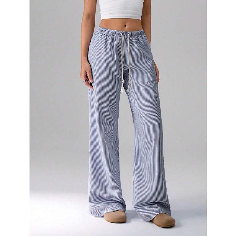 Damen Elastische Taille Gestreifte Weite Hosen Kordelzug Lässige Sommerhosen