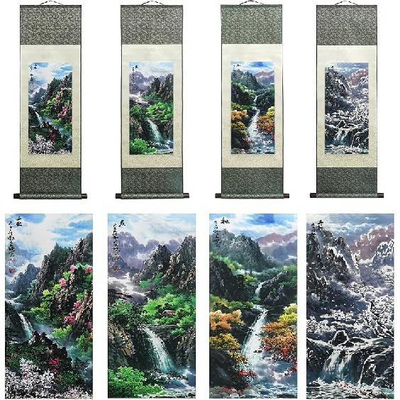 AtfArt Asian Wall Decor - Beautiful Silk Scroll Painting of Waterfall River Landscape - Mountain Spring Autumn Color Oriental Decor Chinese Art Wall