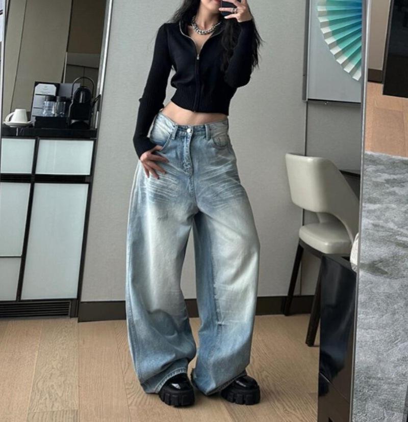 

202 Новые женские ретро джинсы с высокой талией и широкими штанинами - Выбеленные, Слим, В пол, Светлые Medium светло-синий