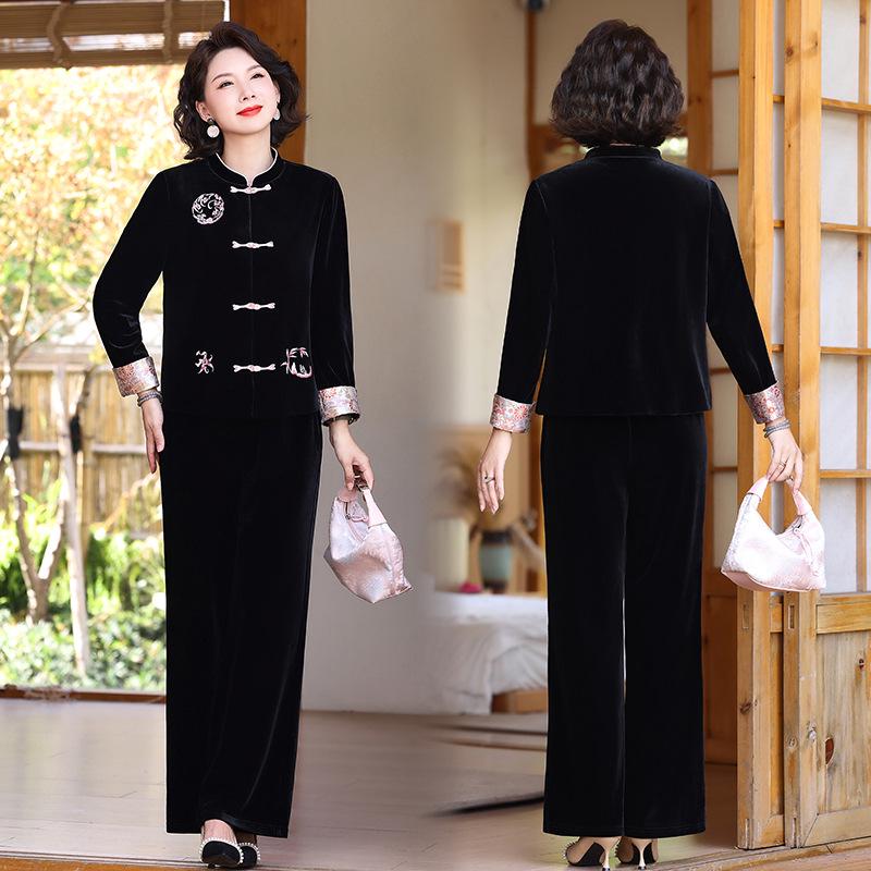 2025 Spring/Autumn Classic Chinese Style Velvet Two-Piece Set for Middle-Aged Women