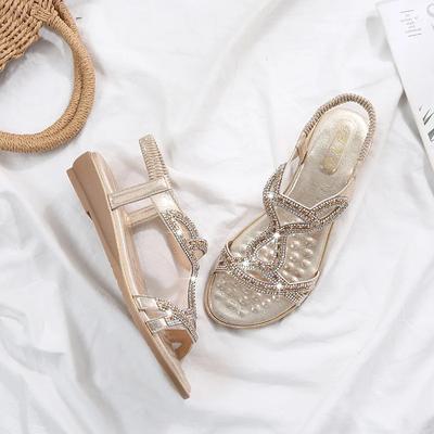 Nouvelles Sandales D'Été Plates Bohèmes Pour Femmes Strass Couleurs Mélangées Dames Bande Élastique Bout Ouvert Chaussures de Plage pour Femmes