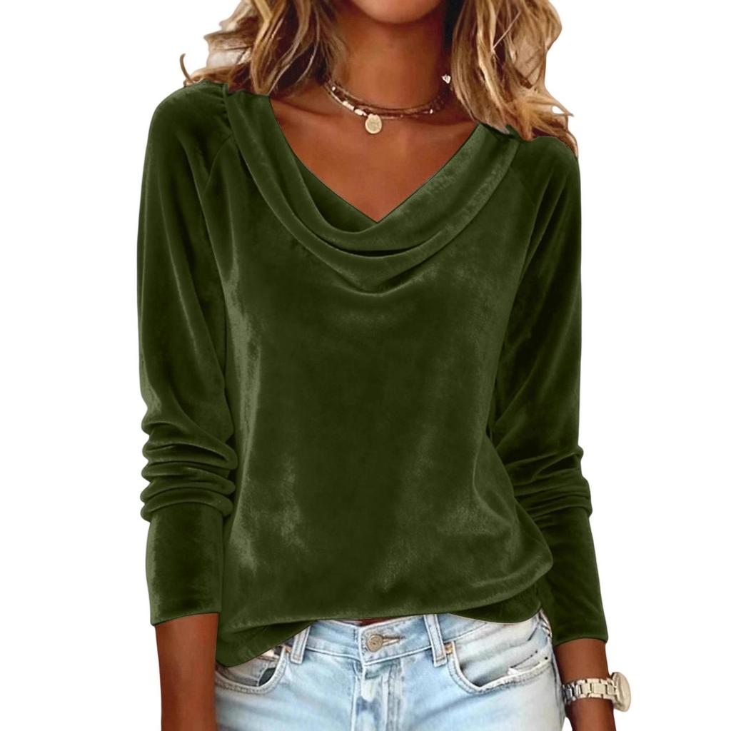 2025 Draped Neck Long Sleeve Velvet T-Shirt for Women
