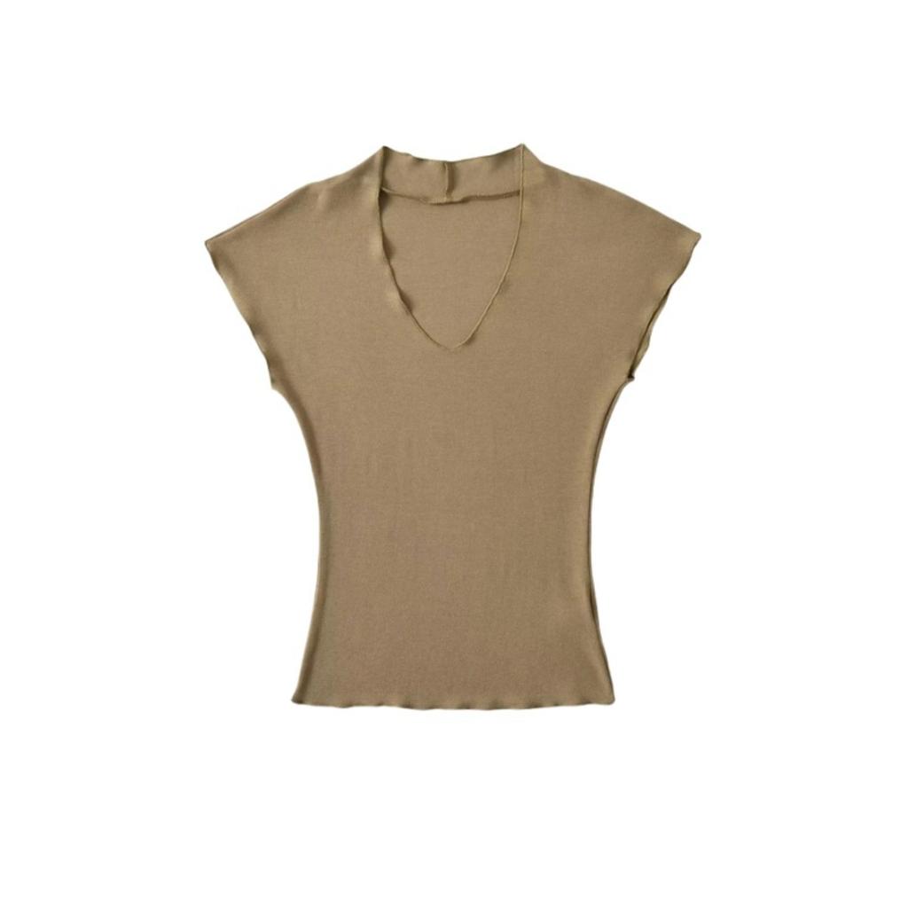 Damen V-Ausschnitt Kurzarm T-Shirt Slim Fit Einfarbig Basic Lässiges Tee Top