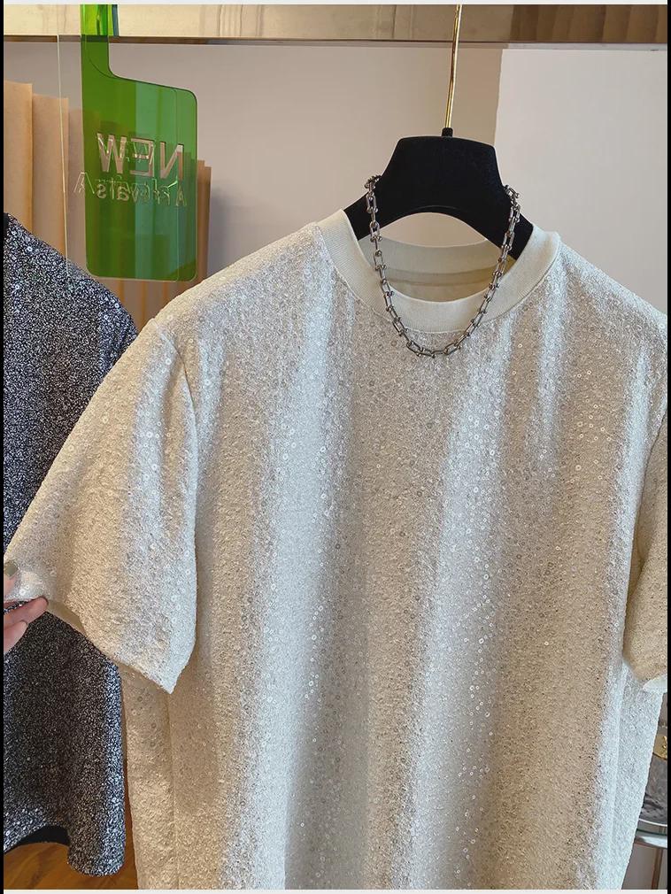 Camiseta Chic de Lentejuelas de Seda para Hombre 2024 - Diseño Europeo de Manga Corta y Corte Holgado