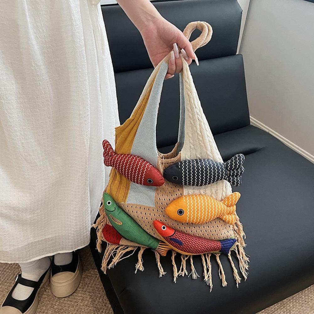 Large-capacity Tote Bag with A Cute 3D Fish Design – Versatile Knitted Tote Bag, One-shoulder Tote Bag