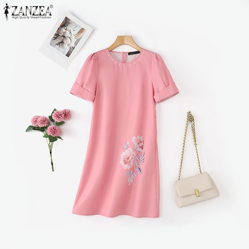 ZANZEA Women Casual Round Neck Short Sleeve Summer Floral Dress