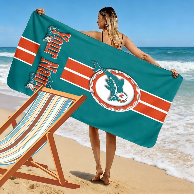 Name Custom Miami Dolphins Print Beach Towel, Large Soft Quick Dry Towel for Beach Camping Swimming
