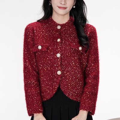 Red Knitted Cardigan for Women In Autumn and Winter New Style Retro Style Jacket Unique Top