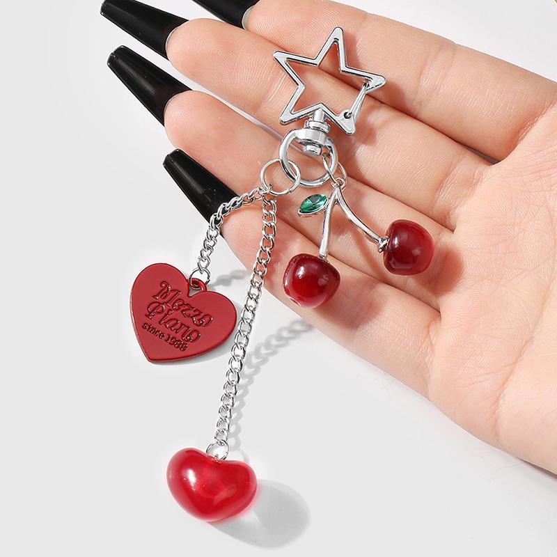 Bow Heart Keychain Cherry Strawberry Charm Pendant Keyring Jewelry For Girl Women Gift Bag Decoration