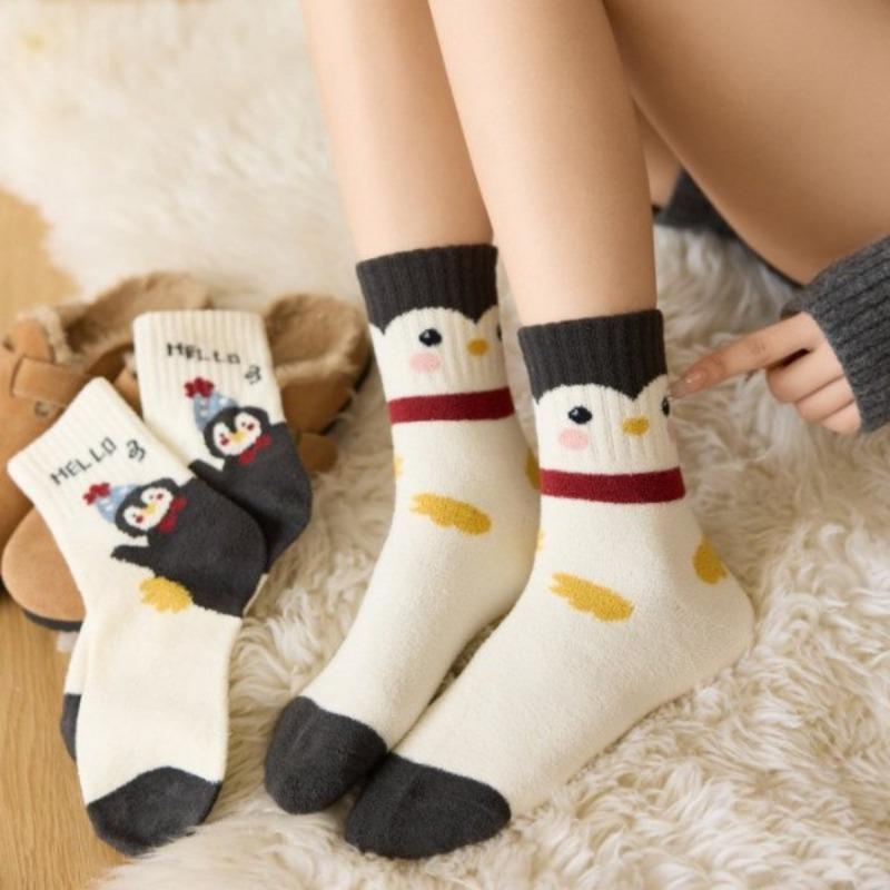 Autumn and Winter Socks, Women's Double-sided Fleece Little Penguin Women's Socks, Cute Cartoon Warm Home Warm Floor Socks, Sleep Socks