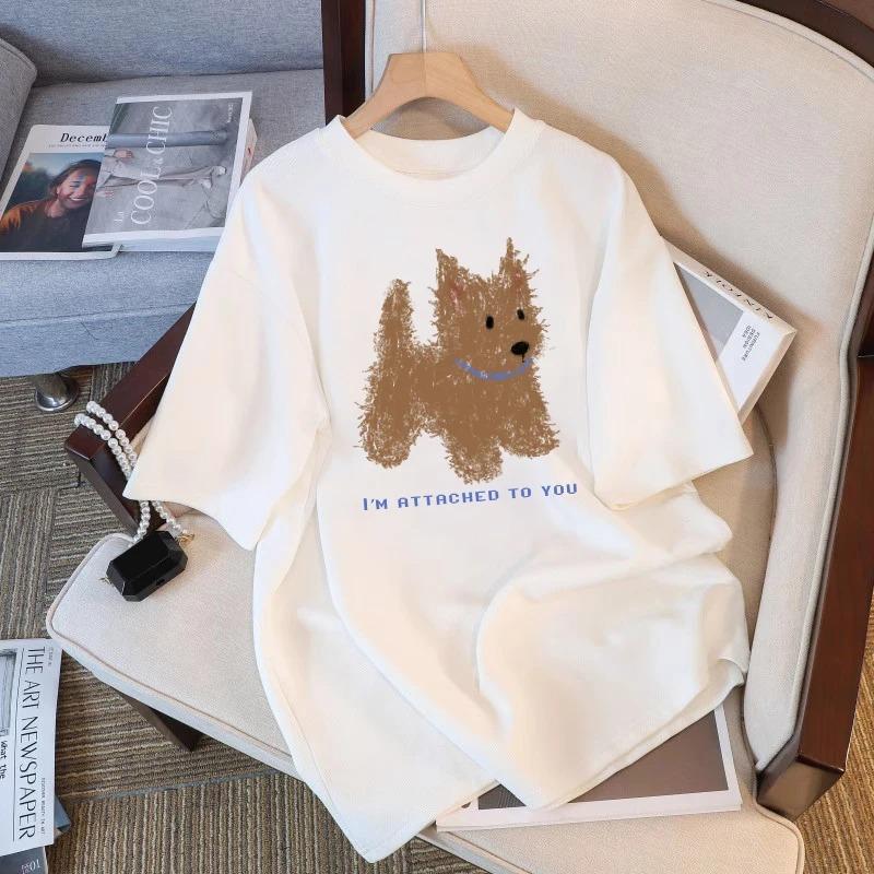 

Soft Cuteness Alert Korean Style T Shirt Cute Fun Pattern Print Loose Short Sleeve White Top for Women Casual Summer Clothing S