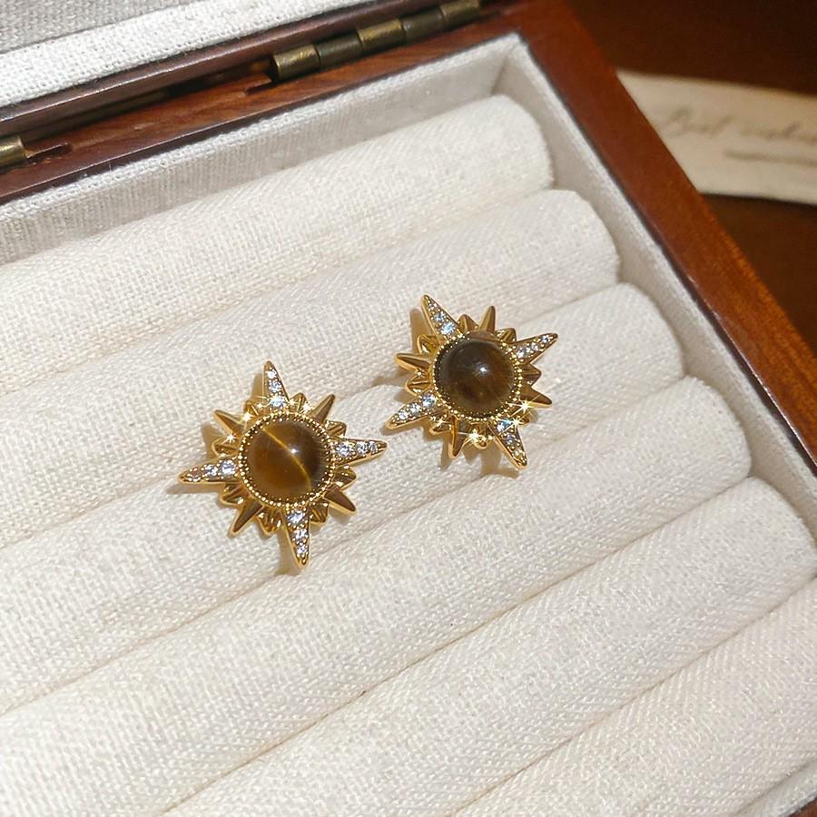 18k real gold electroplated tiger's eye stone geometric stud earrings Maillard temperament earrings earrings women