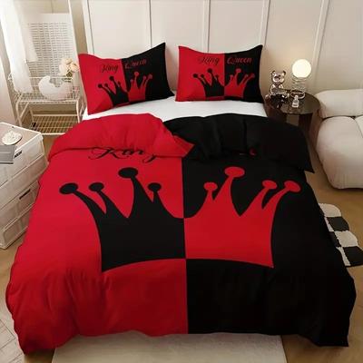 King Queen Bettbezug Schwarz und Rot Kronendesign Bettdeckenbezug Weich Ästhetisch Elegant Modern Bettwäscheset mit 2 Kissenbezügen