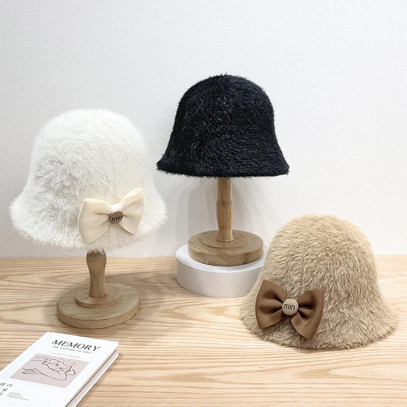 New Autumn and Winter Fisherman Hat with Butterfly Bow Cold Resistant and Warm Solid Color Simple Bucket Hat
