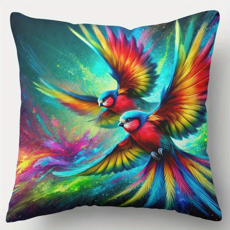 Pillowcase 1Pc, Colorful Birds Artistic Creation, Printed Holiday Theme Cushion Cover With Hidden Zipper, Suitable For Sofa, Liv