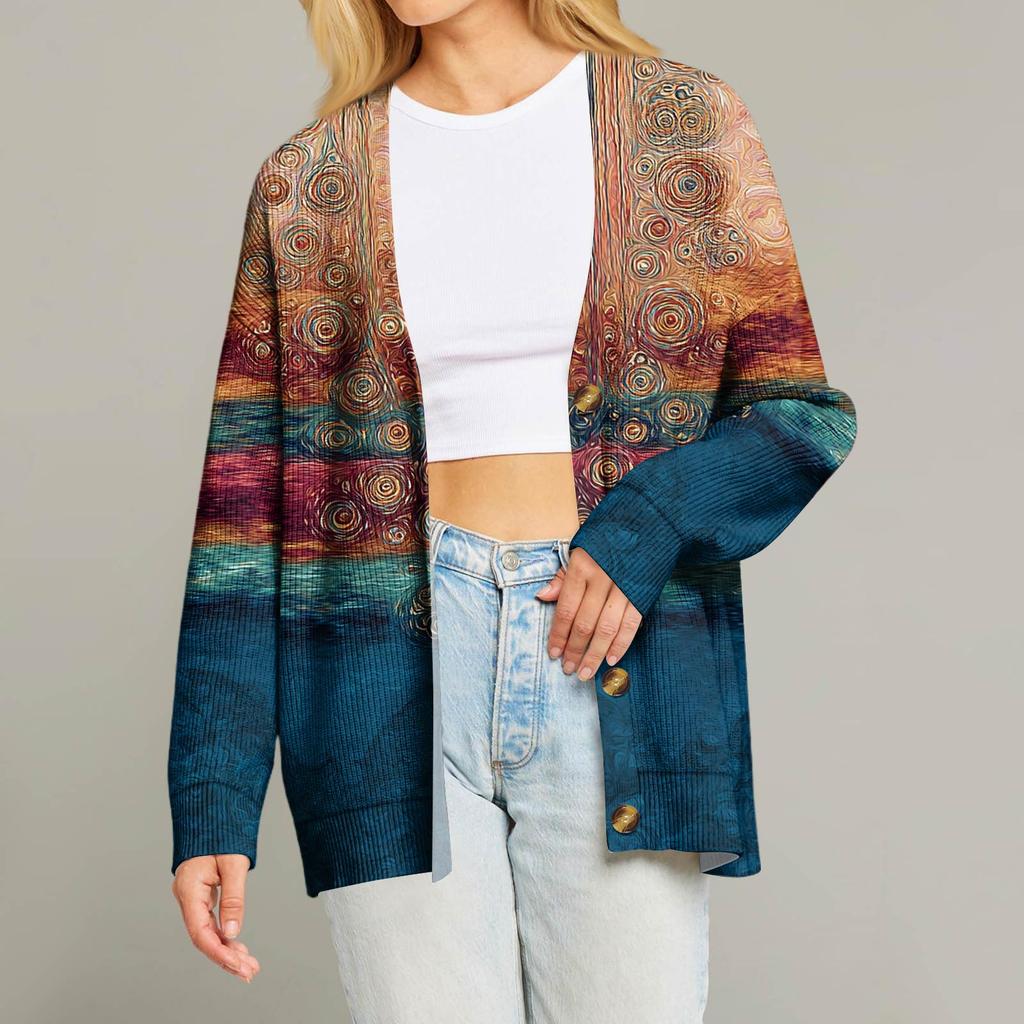 Dame Mote Langermet Juleprint V-Hals Knapper Løs Cardigan Topp