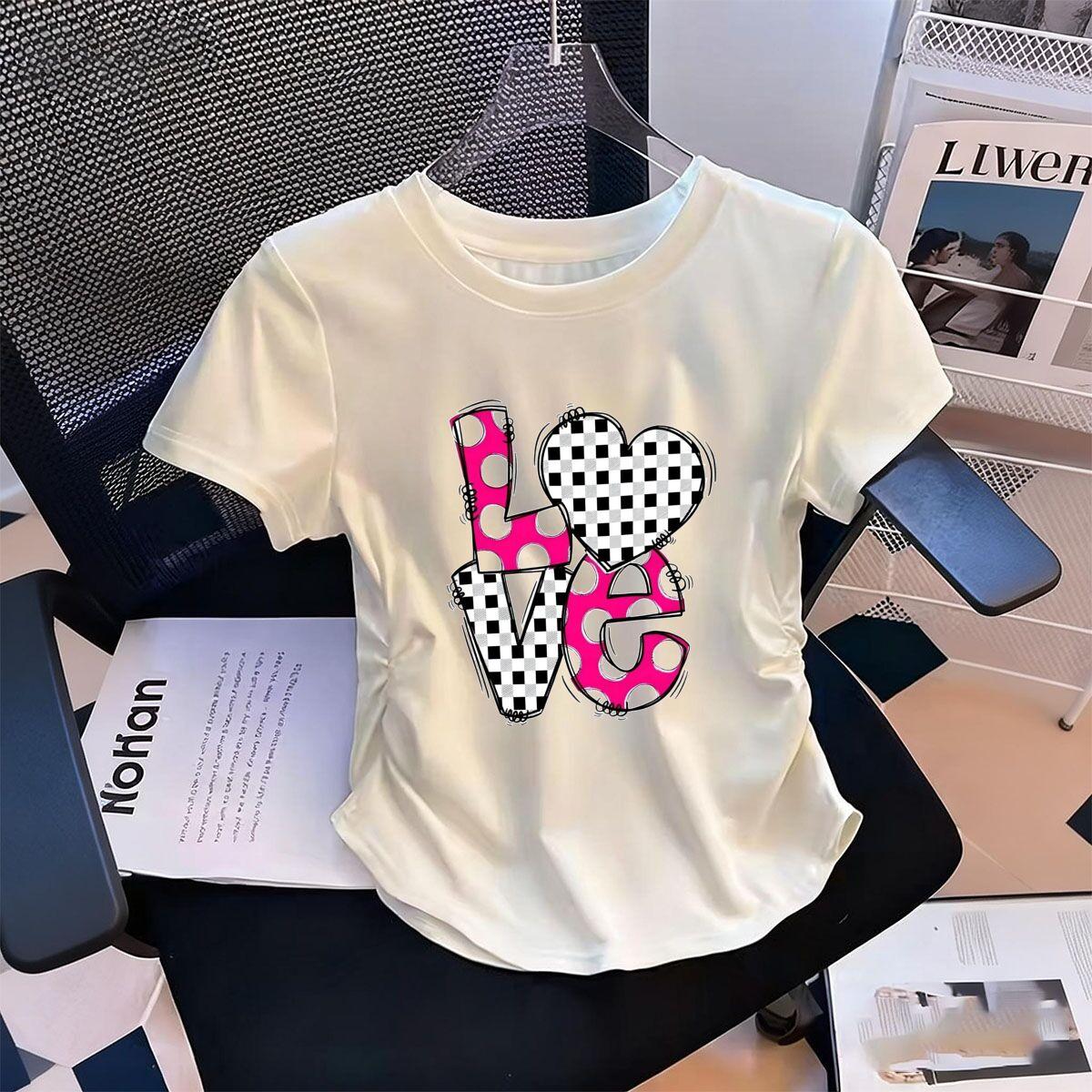 

Womens WaistDefining Elastic T Shirt Pink Checkered Love printed Short Sleeve Round Neck top tee Cartoon tshirts S
