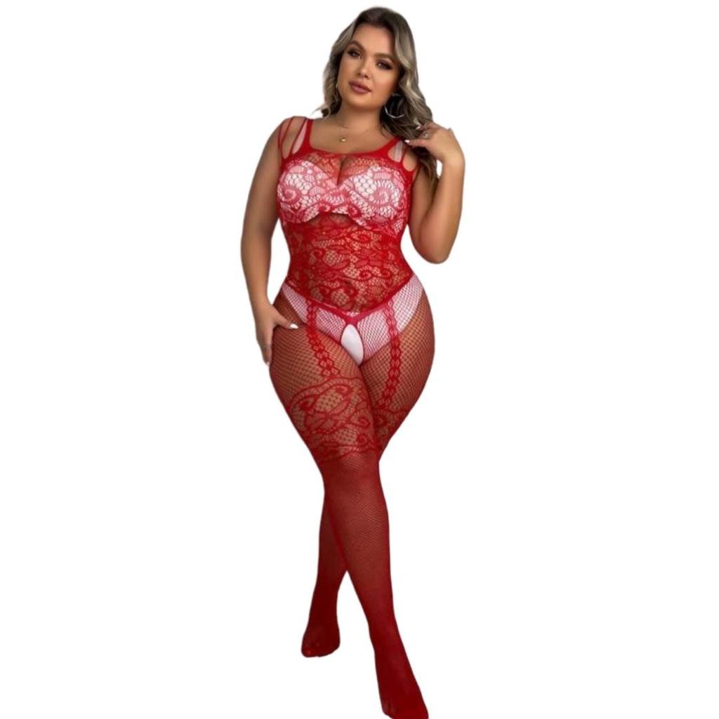 Oversize ženy Sexy síťované jednodílné body punčochové kalhoty Krajkové body Spodní prádlo Velká velikost