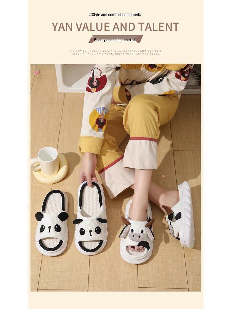 Roztomilé bavlněné a lněné pantofle s pandou: Měkký, Protiskluzový, Savý pot, Čtyřsezónní design pro páry