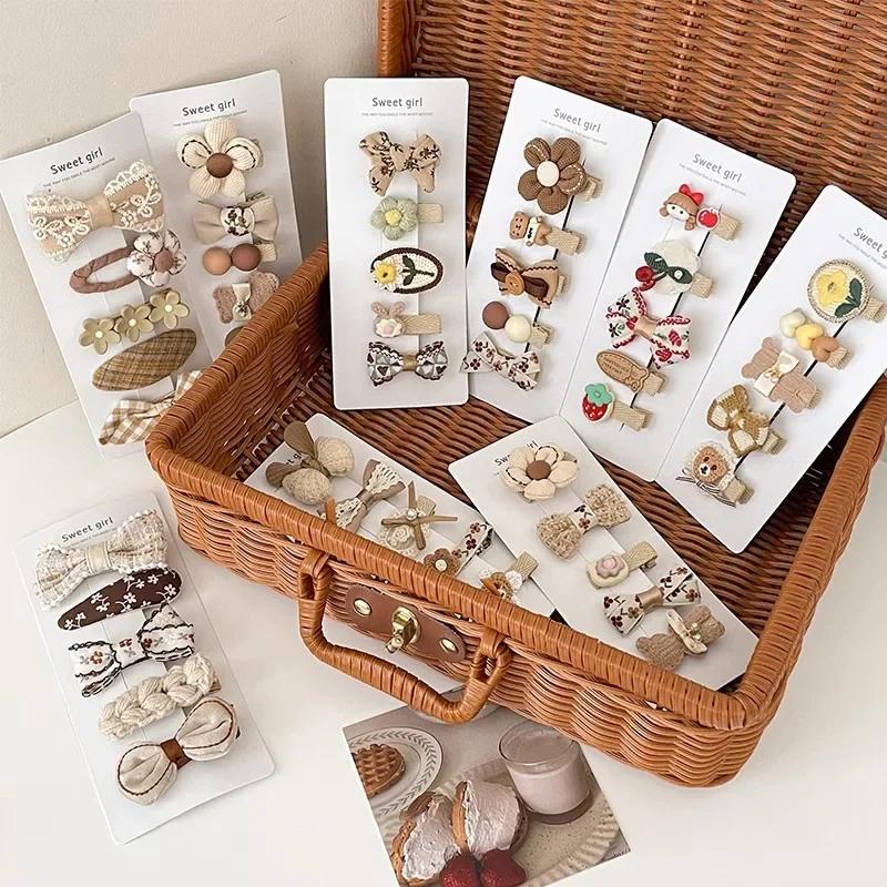 5pcs Sweet Kids Hair Clip Beige Coffee Color Plush Hairpin for BabyToddler Autumn Winter Kawaii Bowknot Headwear for Girls
