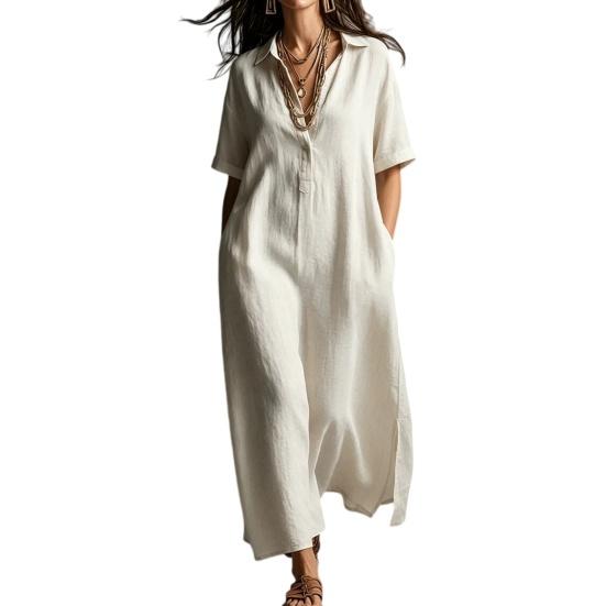 Summer Cotton Linen Dress for Women, Casual Loose Short Sleeve Long Dress, Button Up Lapel V Neck Flowy Maxi Dress