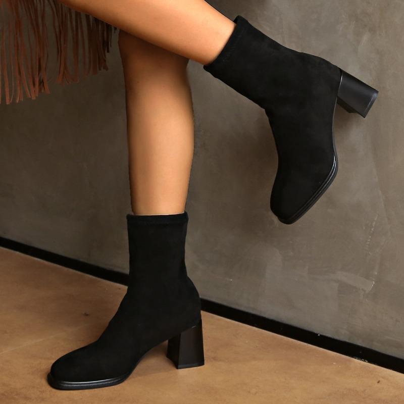 Mode Femmes Mode Talon Épais Bottines Simples Automne Nouveau Bout Carré Manchon en Daim Antidérapant Résistant à l'Usure Bottines