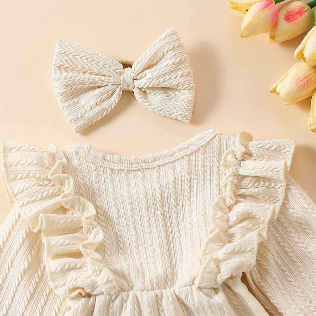 E2302A Toddler Girls' Princess Bow Romper with Headband - Sweet Long Sleeve Two-Piece Outfit