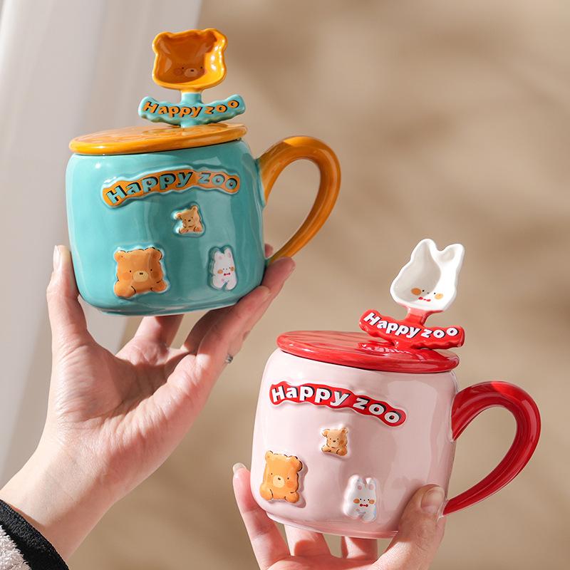 Home Suit Student Simple Ins Style Ceramic Cup Cartoon with Cover Spoon Couple Mug High Temperature Resistant Water Cup