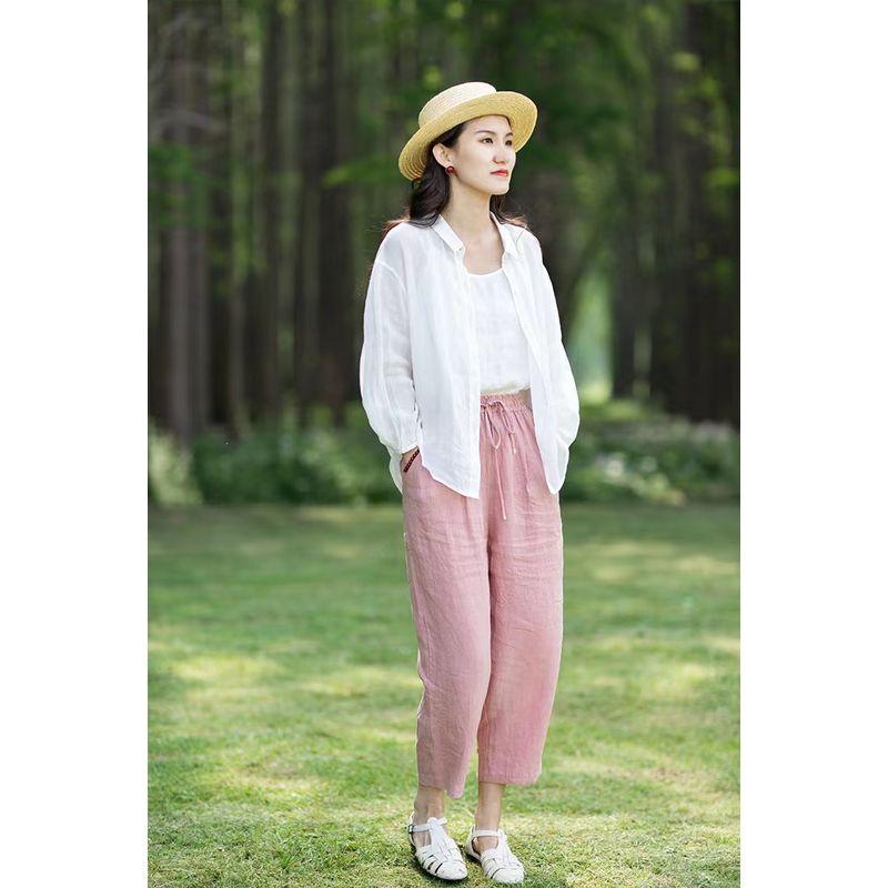 

High Waist Lace up Casual Hemp Radish Thin Harem Pants Pink L