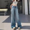 Blue Stone-Milled Wide-Leg Jeans for Women - Retro American Style, Low-Waist, Loose Fit, Drapey, Cracked, Floor-Length Jeans for Spring