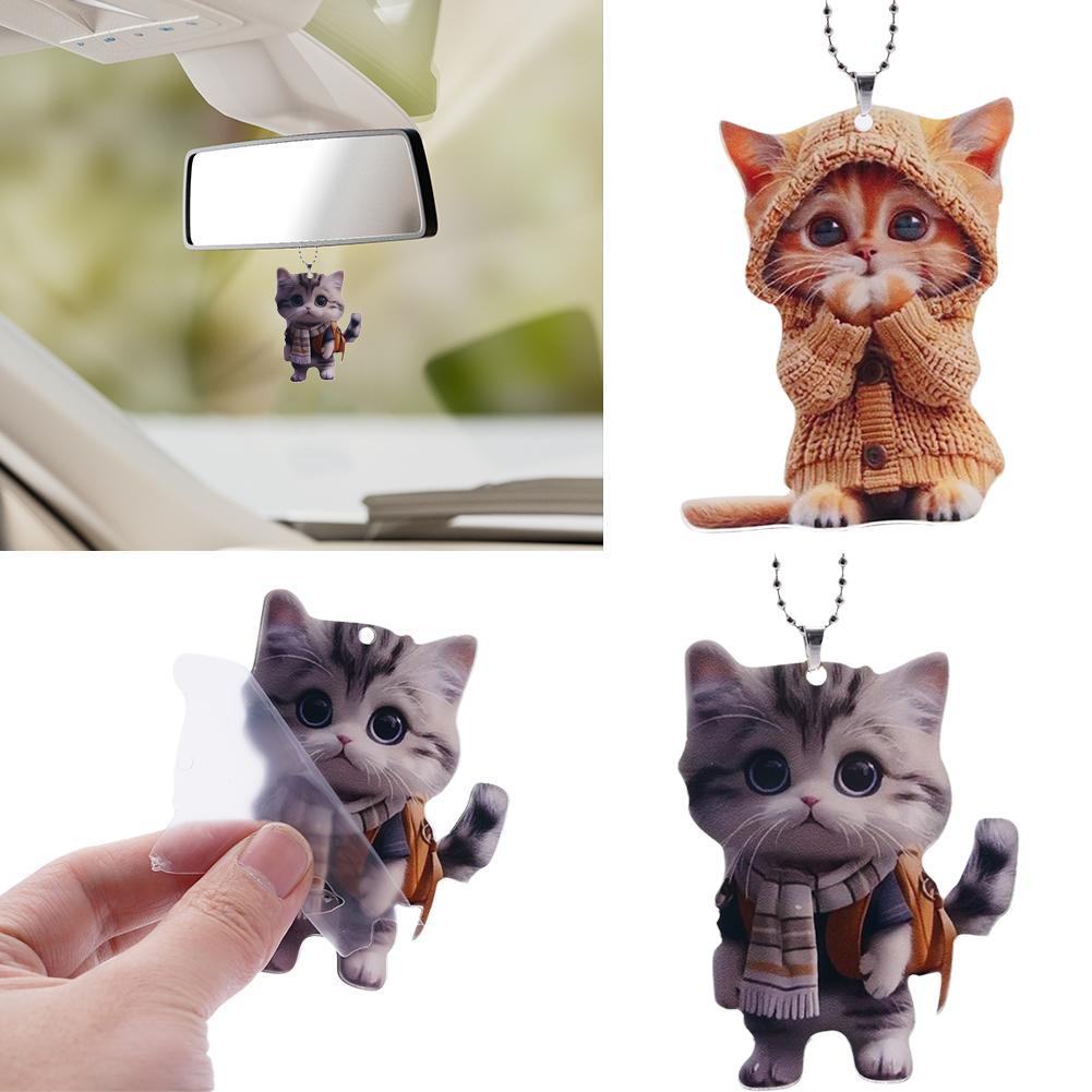 Car Pendant Hanging Ornament With Chain Realistic Animal Cat-Shaped 2D Pendant Rearview Mirror Hanging Decor Car Accessories