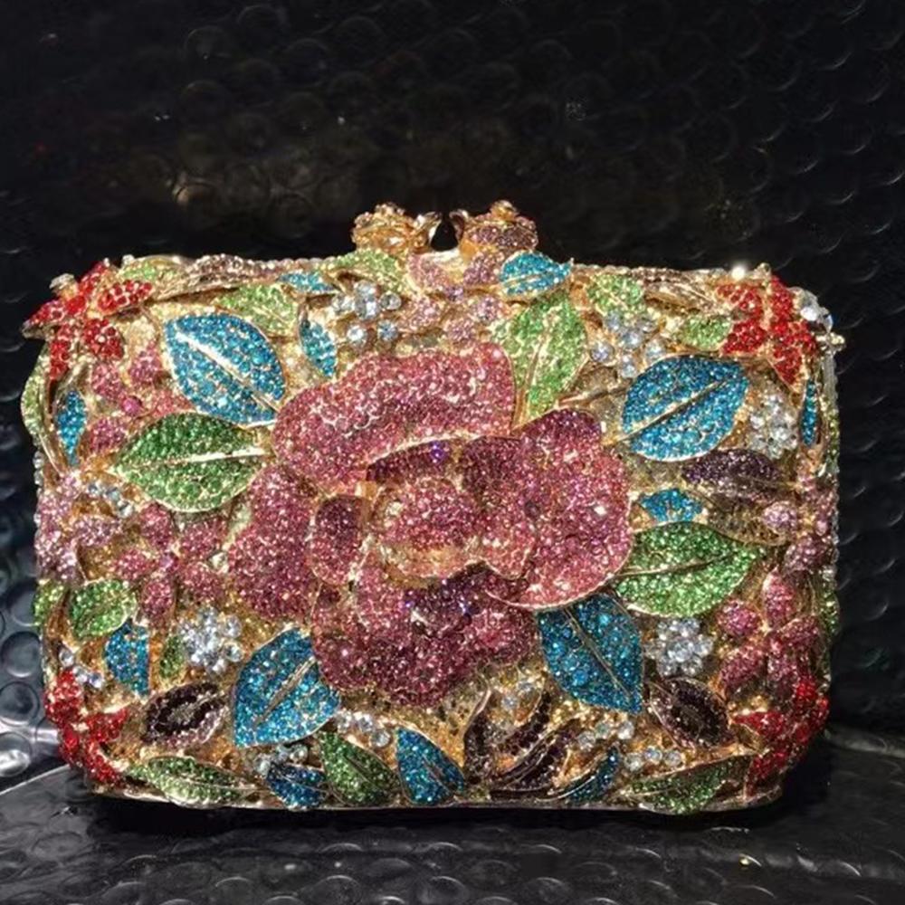 WHTUOHENG Floral White/Pink Red Diamond Wedding Women Clutch Bags Dinner Banquet Clutches Crystal Chain Evening Purses Handbags